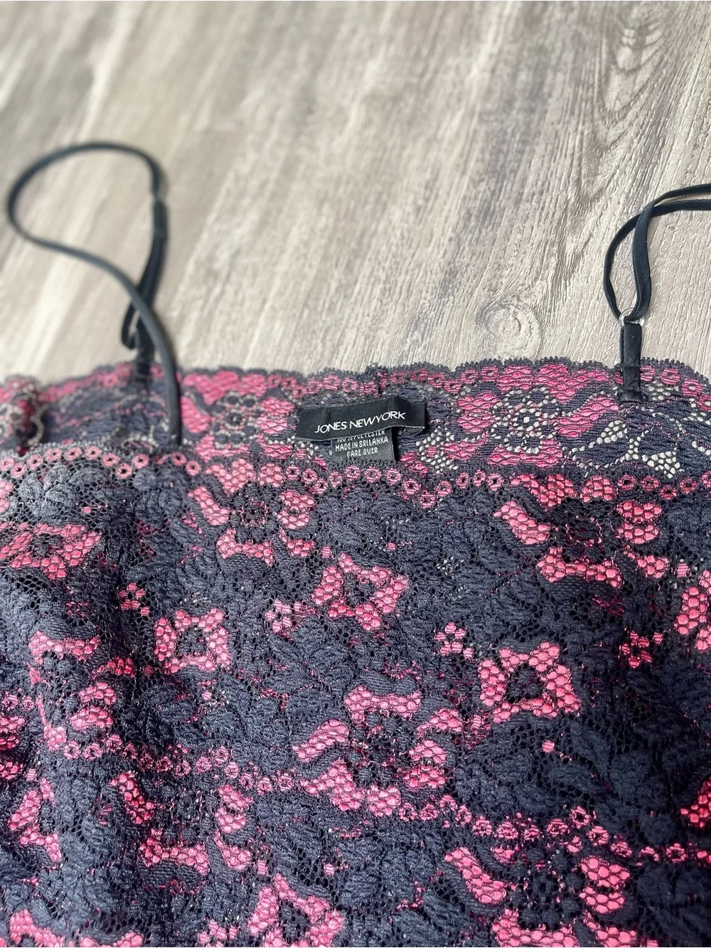 Jones New York Black Satin Slip with Romantic Pink Lace Overlay